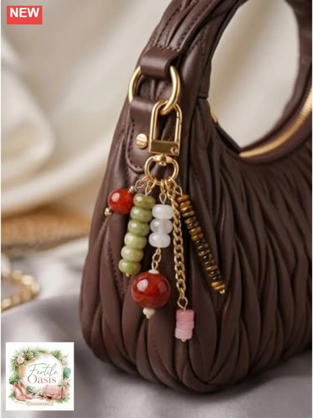 Handmade Natural Stone Beaded Keychain Charm with Gold Plated Hardware